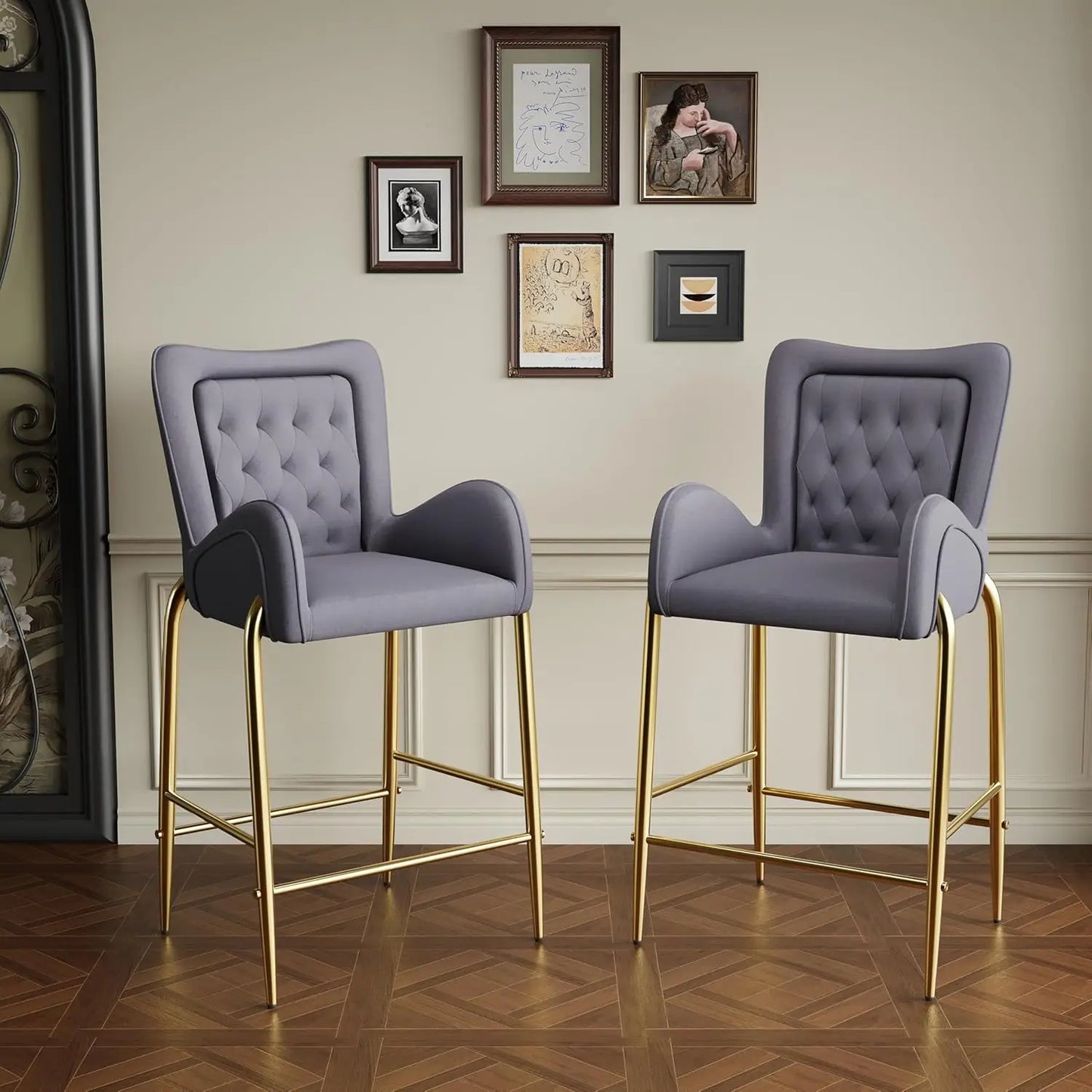 Luxury Velvet Bar Stools Set Of Four With Gold Metal Legs Counter Height