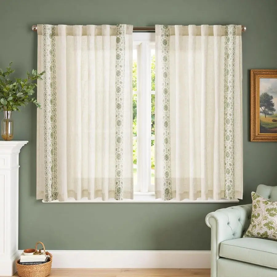 Small Linen Cafe Curtains With Bordered Floral Embroidery For Kitchen And Bath