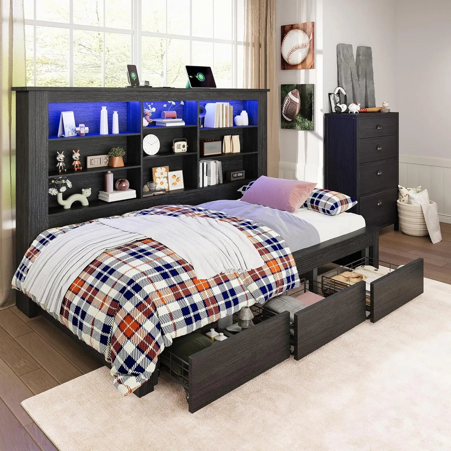 Twin Bed Frame With Storage Drawers Bookcase Headboard USB Charging