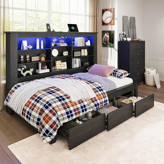 Twin Bed Frame With Storage Drawers Bookcase Headboard USB Charging