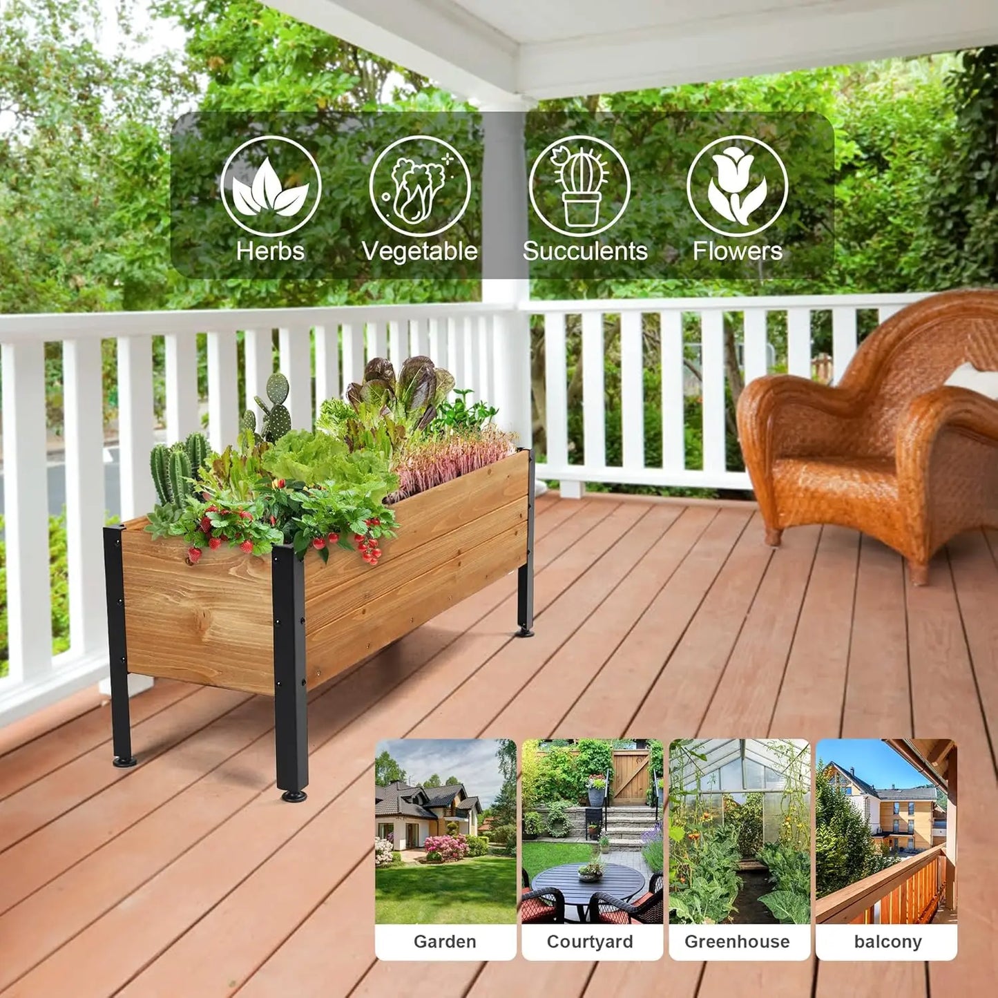 Rectangular Wooden Raised Garden Bed Planter Box For Outdoor Spaces