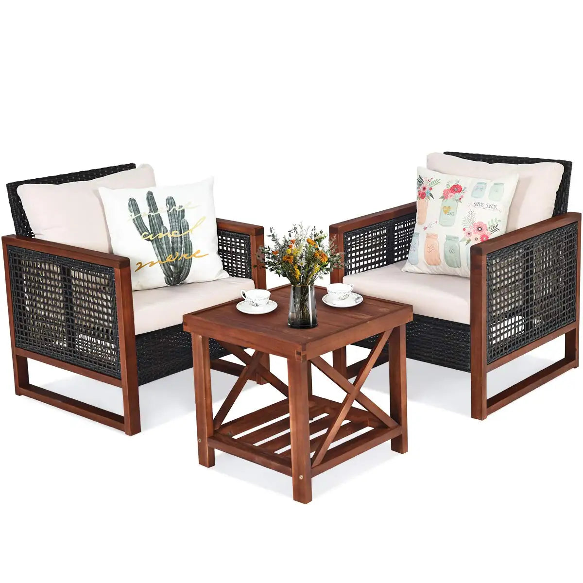 XIAOLANG Patio Wicker Furniture Set Cushions And Acacia Coffee Table