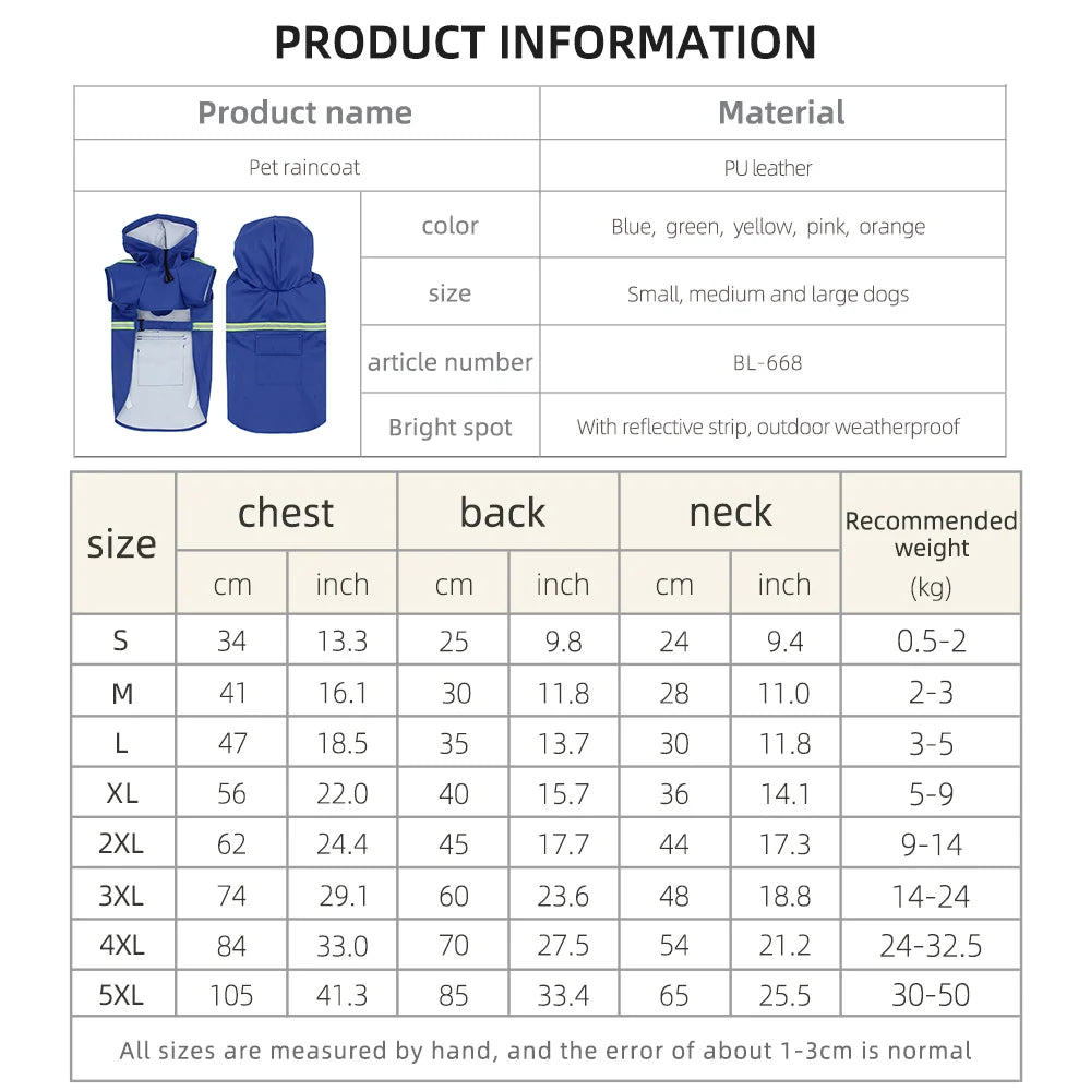 Dog Raincoat Reflective Hooded Waterproof Cloak Style