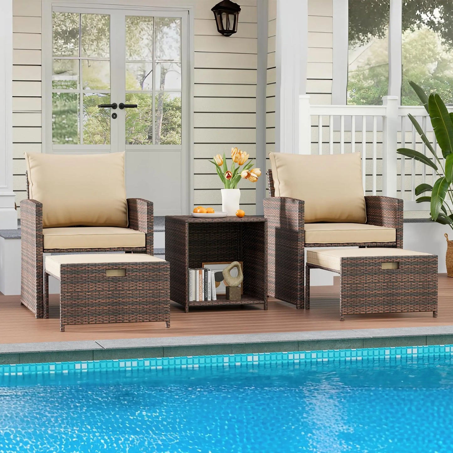 HiMISS 5-Piece All-Weather PE Rattan Patio Set With High Back Chairs Ottomans