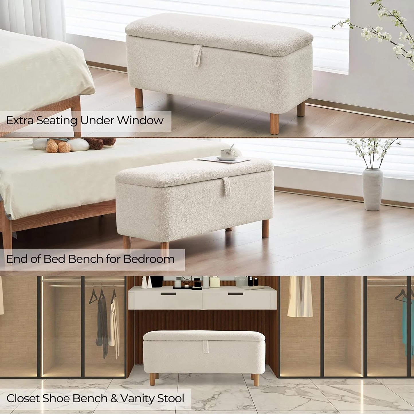 TODRAN Boucle Storage Ottoman Bench With Sherpa Upholstery
