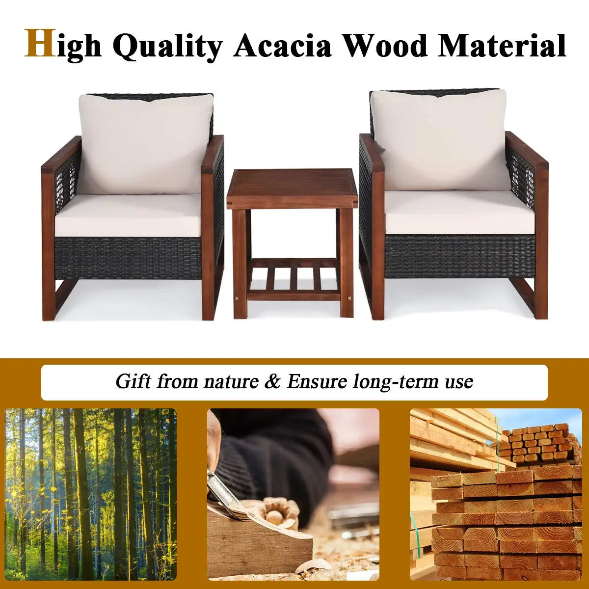 XIAOLANG Patio Wicker Furniture Set Cushions And Acacia Coffee Table