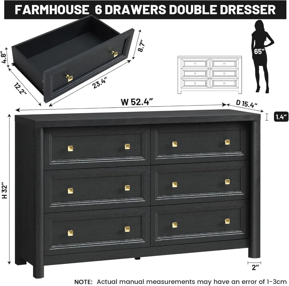Farmhouse 6 Drawer Dresser For Bedroom In Solid Wood