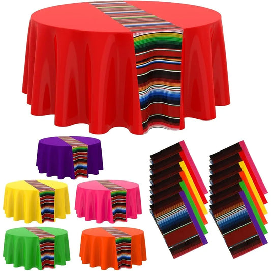Mexican Fiesta Round Tablecloth Striped Serape Waterproof Plastic