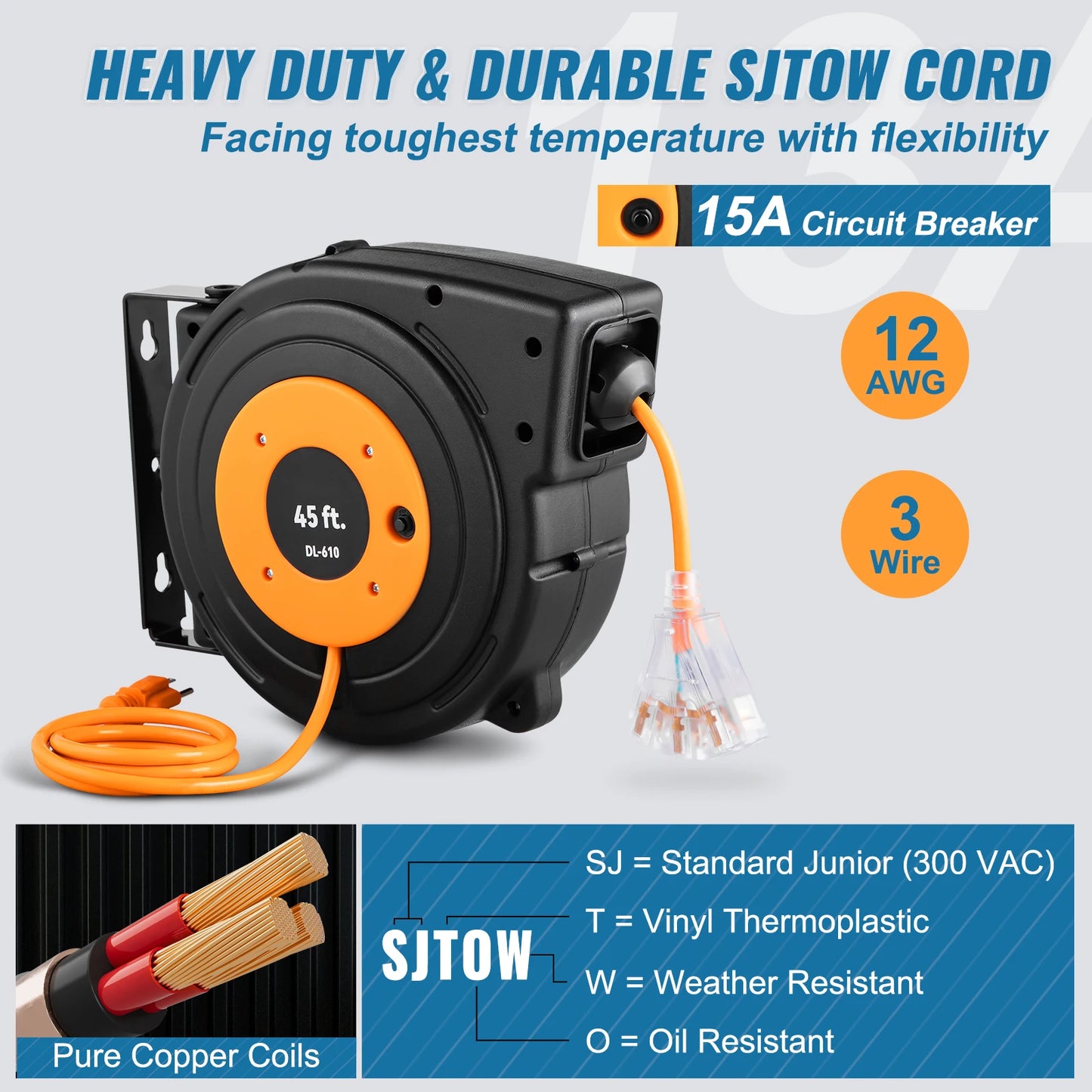SucceBuy Retractable Extension Cord Reel 45 Ft Lighted Triple Tap Outlet