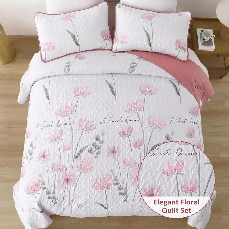 Floral Quilt Set 3 Piece Wool Filled Lightweight Farmhouse Bedding