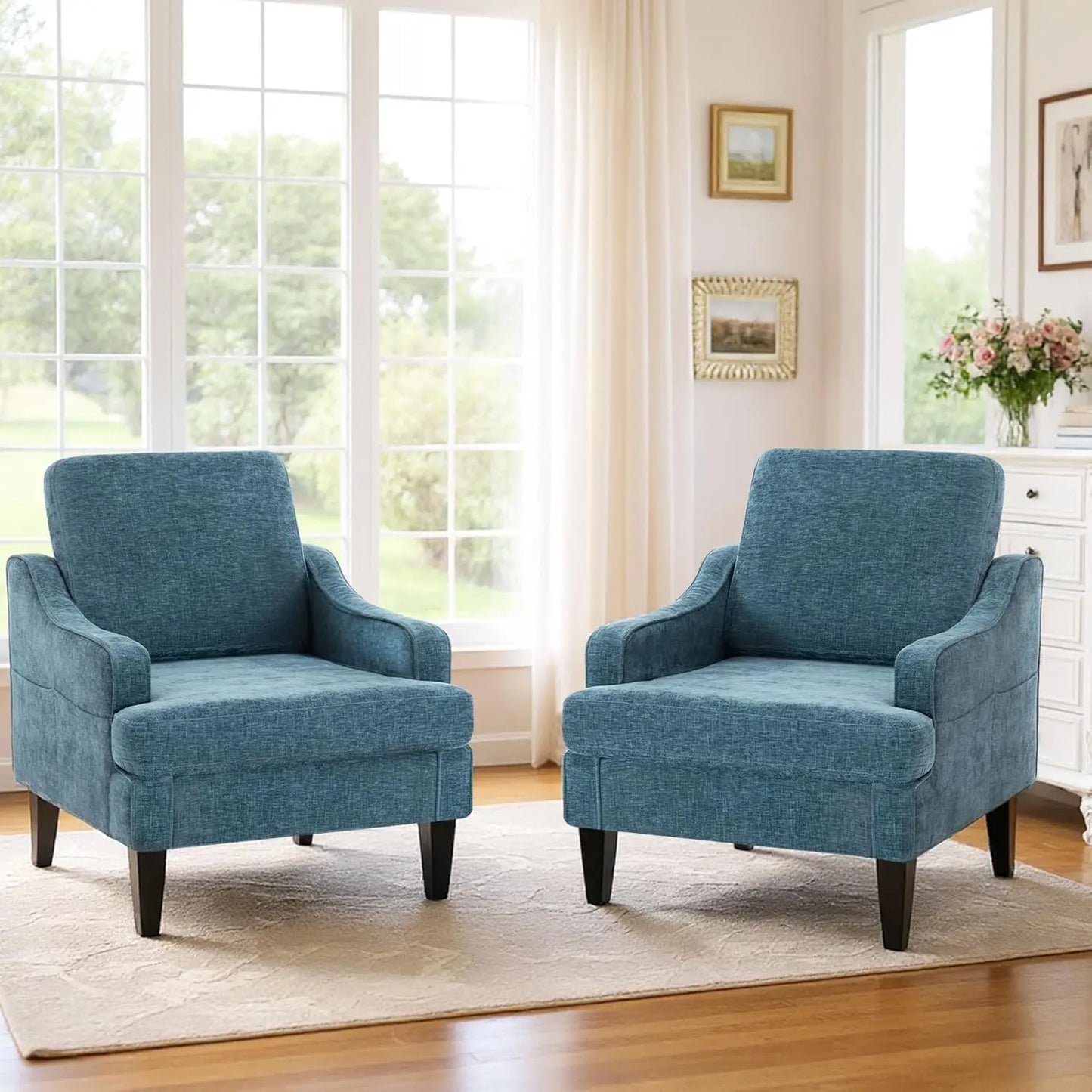 MOYU Accent Chairs Set Of 2 Mid Century Upholstered Armchairs Chenille