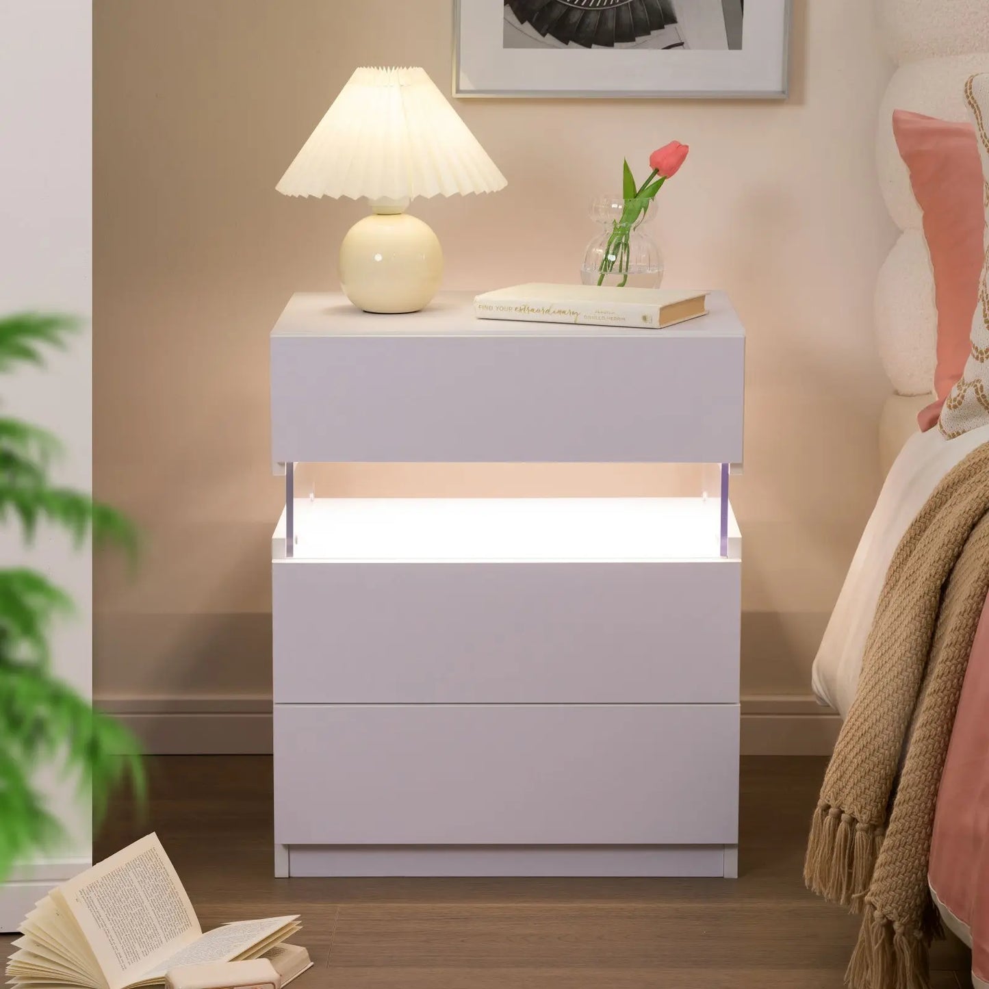 Cubehom Bedside Tables Set With LED Lighting Two Pieces Three Drawers