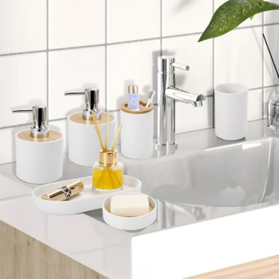 White Bathroom Set with Trash Can 2PCS Soap Dispensers Soap Dish Toothbrush Holder Toothbrush Cup Toilet Brush Tray and Qtip Ho