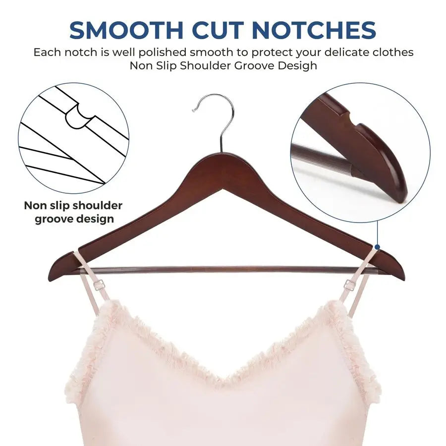 Walnut Wood Coat Hangers, 20 Pack, Non Slip Bar, Premium