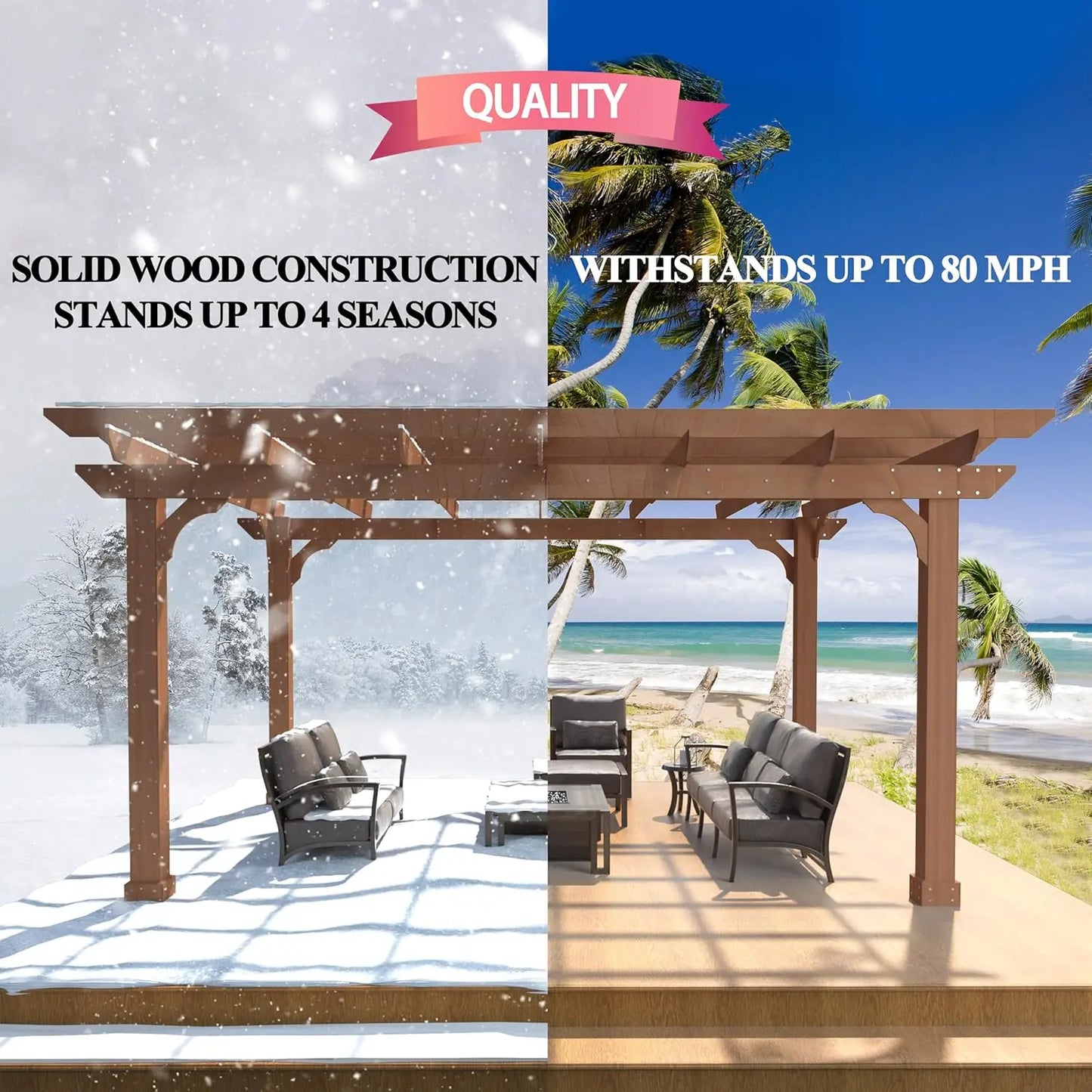 Cedar Wood Patio Pergola With Solid Frame And Slatted Roof