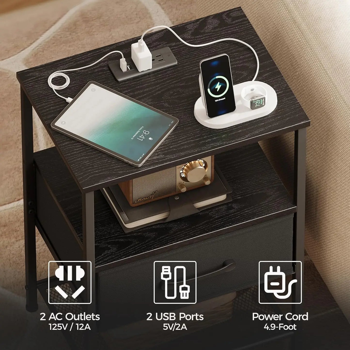 2-Piece Nightstand Set With Charging Station LED Lights