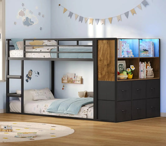 Twin Over Twin Bunk Bed With Fabric Drawers And Wooden Storage Shelves