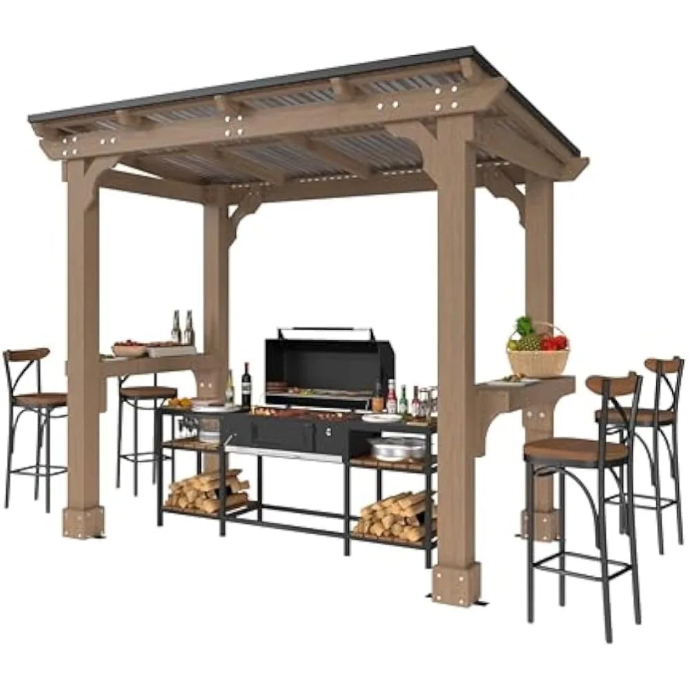 Wooden Grill Gazebo With Sloping Metal Roof Hard Top And Side Shelves