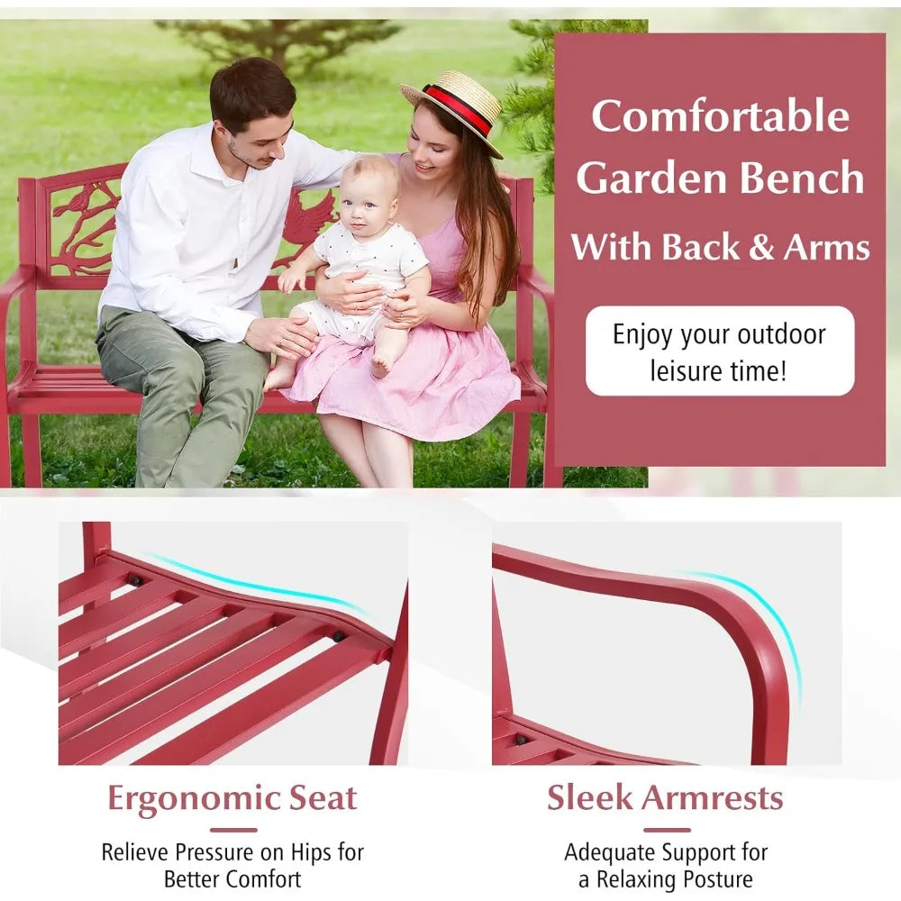 TIFICY Metal Outdoor Garden Bench With Cast Iron Back Pattern