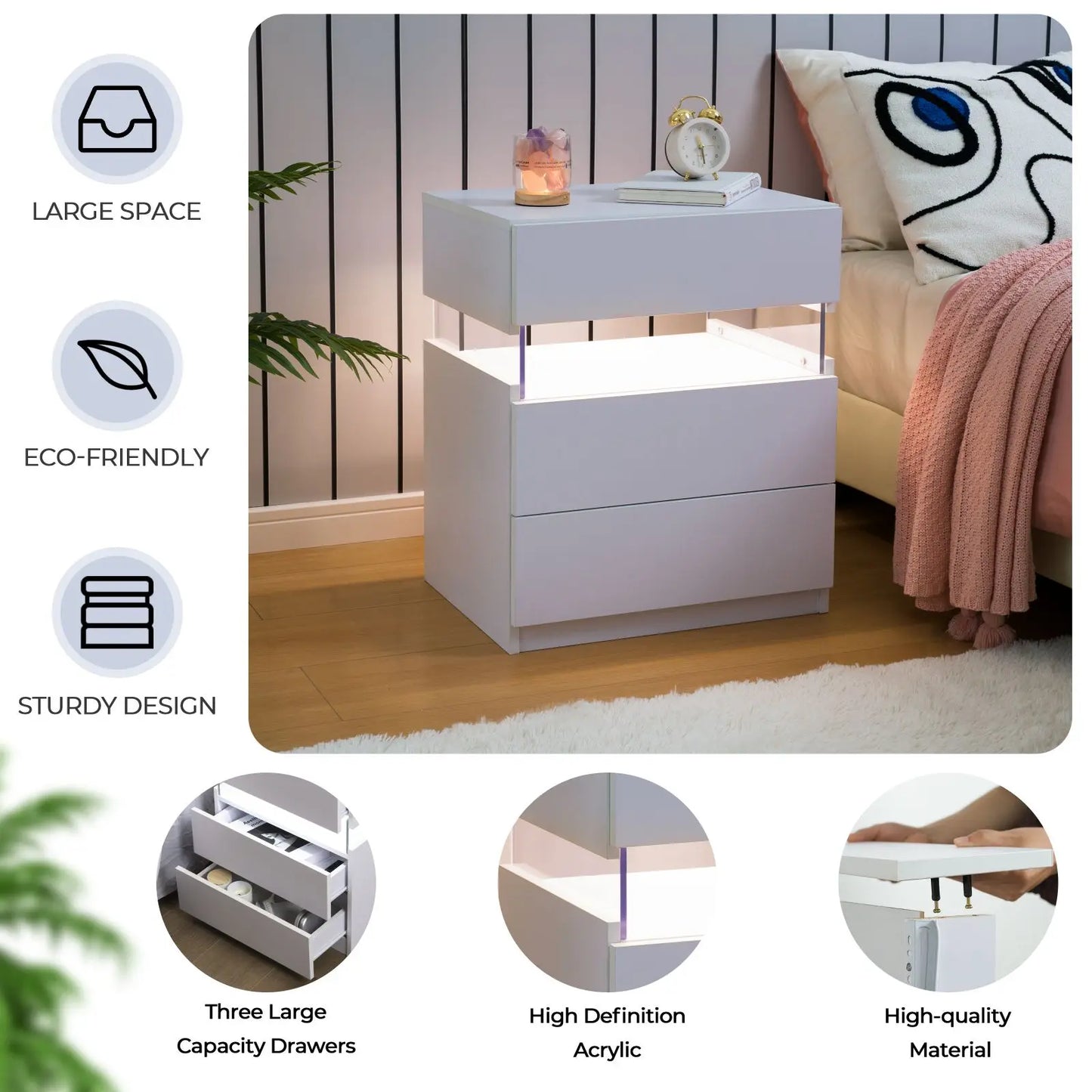 Cubehom Bedside Tables Set With LED Lighting Two Pieces Three Drawers