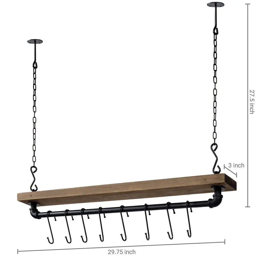 Rustic Wood And Industrial Wall Mounted Pot Rack For Kitchen