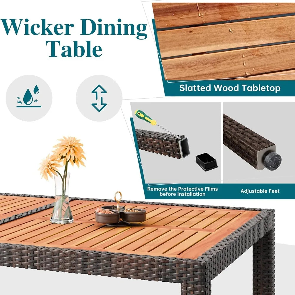 7 Piece Outdoor Wicker Patio Dining Set With Wooden Table