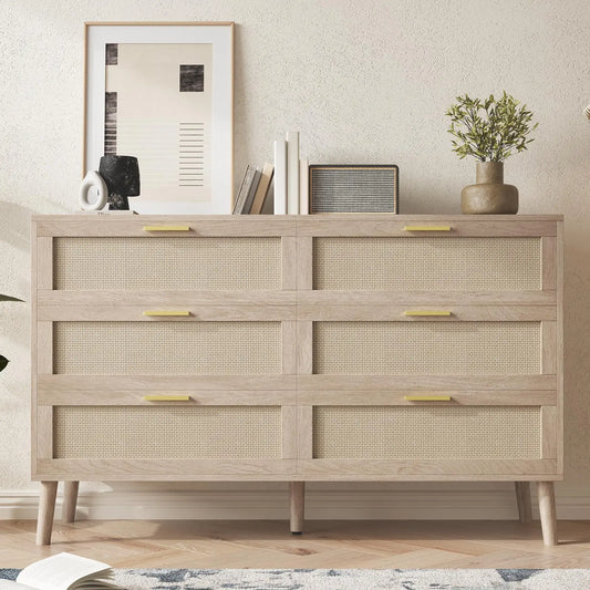 HiMISS 6 Drawer Rattan Dresser Mid Century Modern Wood Storage