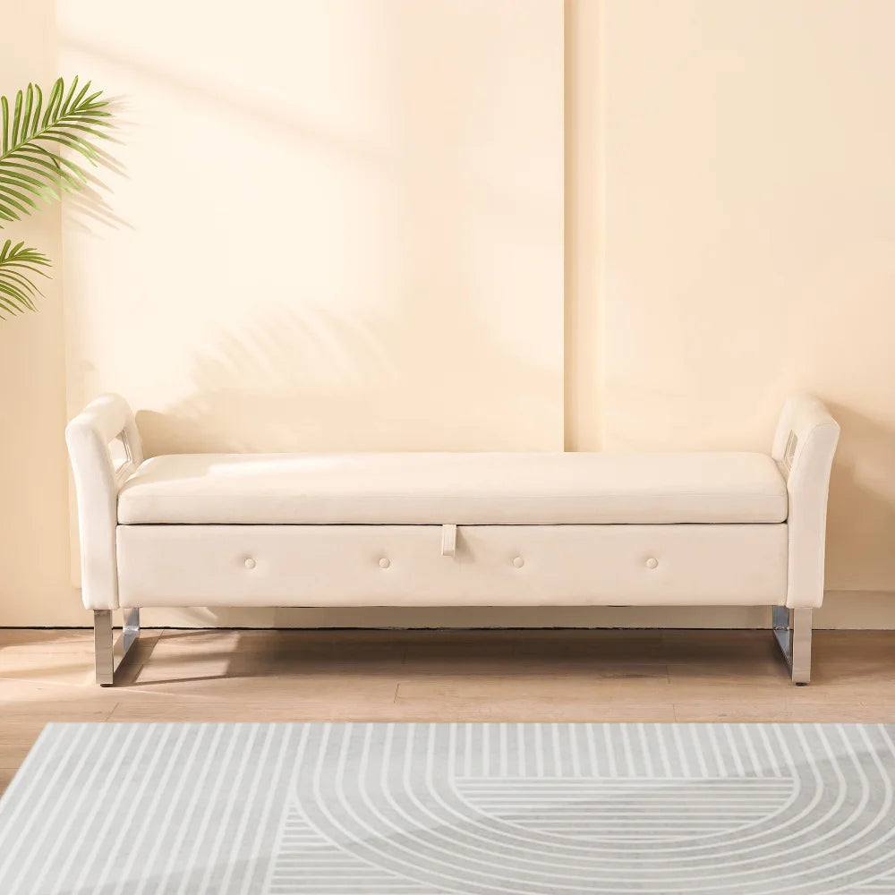Velvet Storage Bench With Armrests For Living Room And Entryway