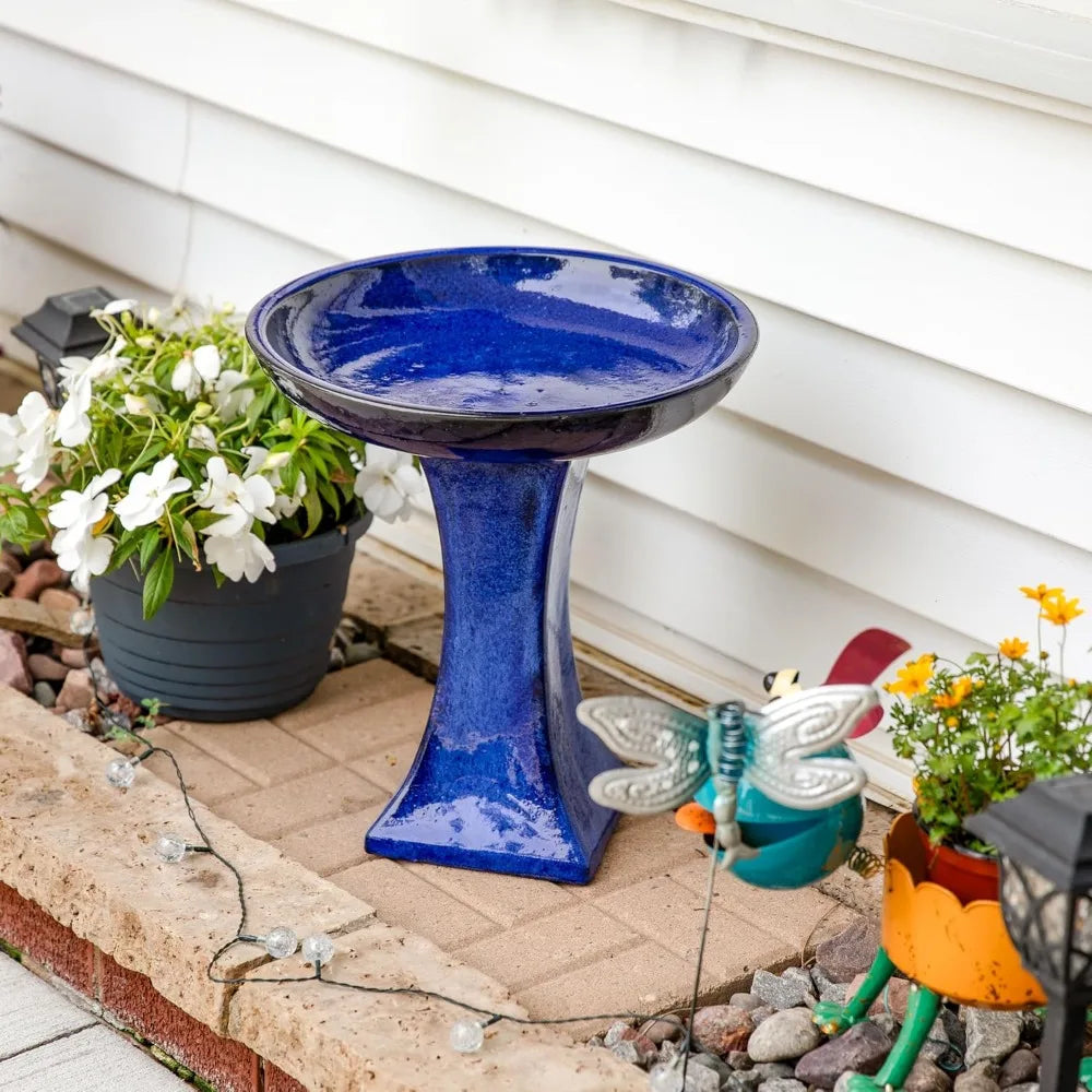 Outdoor Ceramic Bird Bath With Pedestal Glazed Bowl Frost Resistant