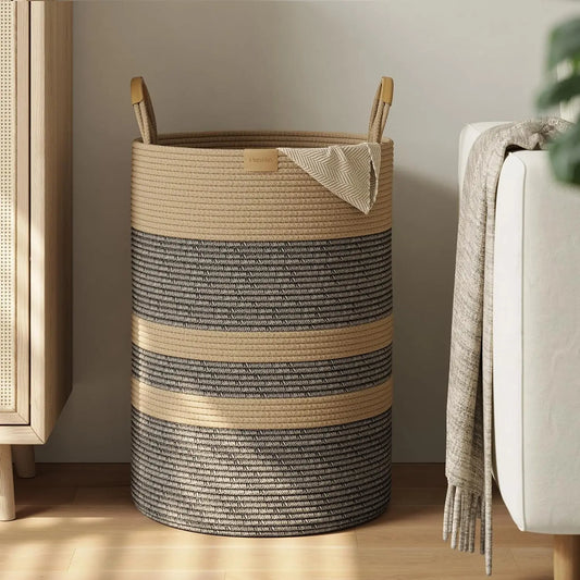 Foldable Laundry Basket With Leather Handles And Cotton Rope Storage