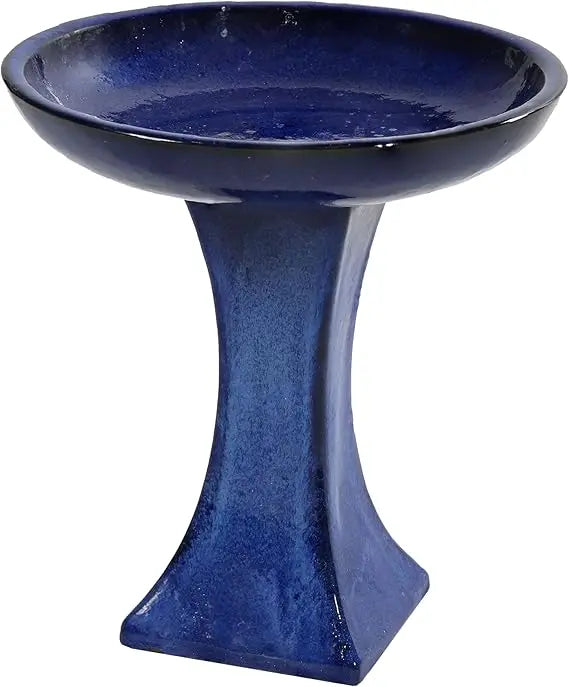 Outdoor Ceramic Bird Bath With Pedestal Glazed Bowl Frost Resistant