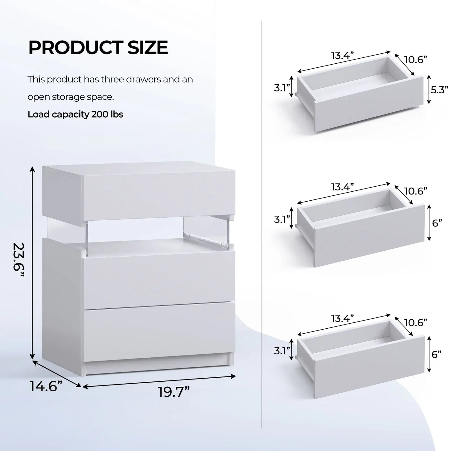Cubehom Bedside Tables Set With LED Lighting Two Pieces Three Drawers