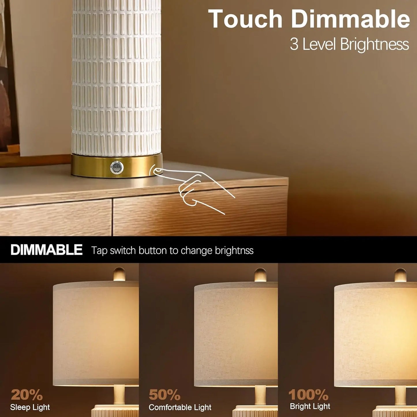 Modern Touch Dimmable Nightstand Lamp With USB A C Ports