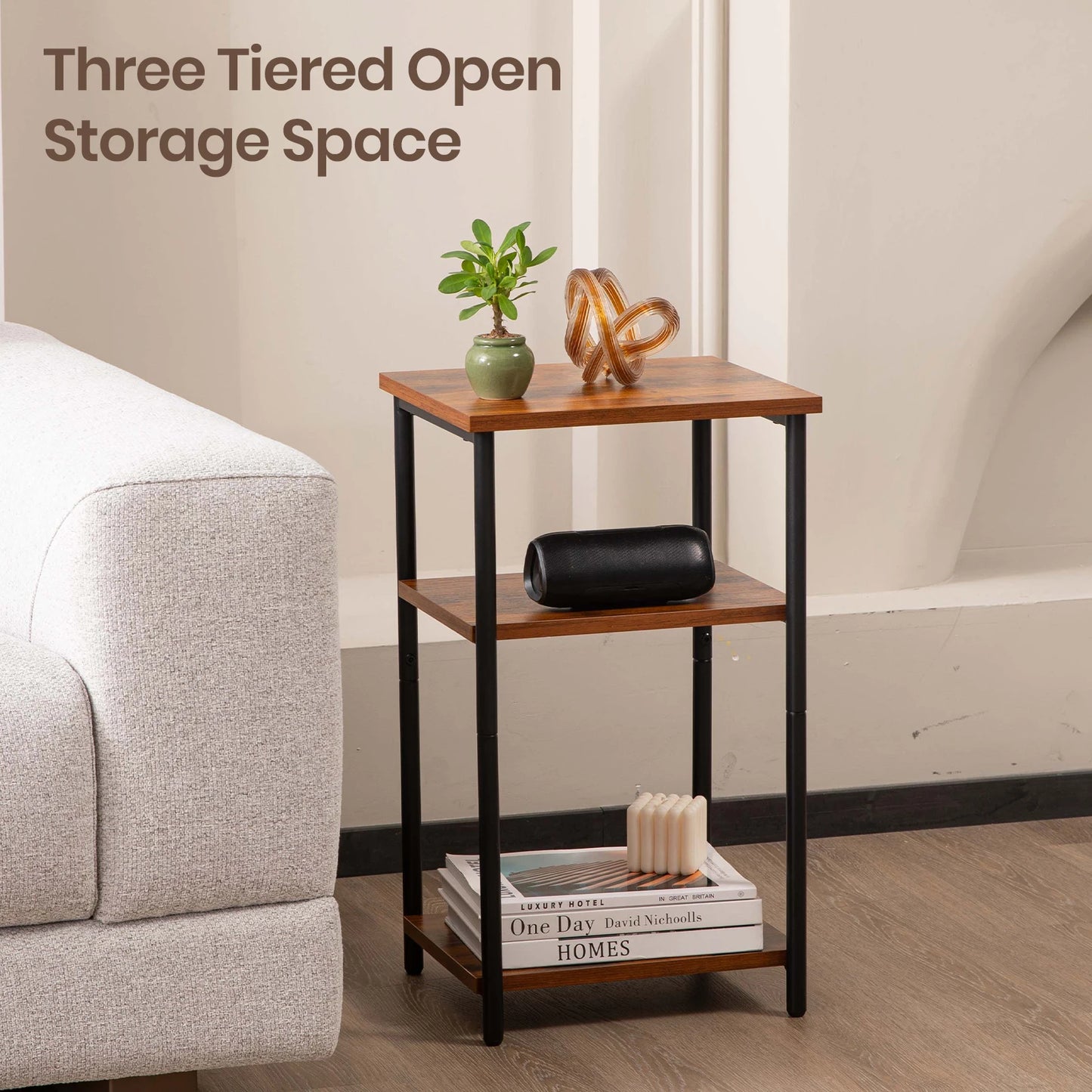 JHK 2/3-Tier End Table With Adjustable Feet Steel Frame