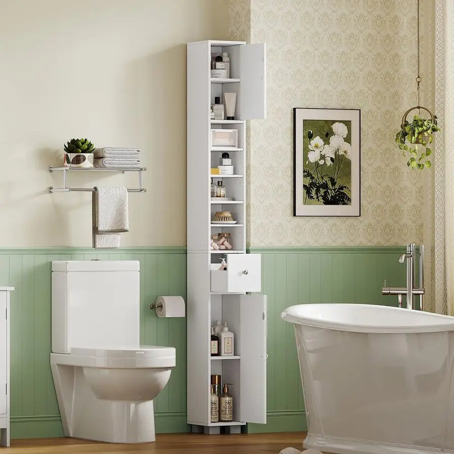 XMSJ Narrow Bathroom Cabinet With Adjustable Shelves And Drawer