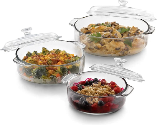 3 Piece Glass Casserole Baking Dish Set With Lids Oven Safe