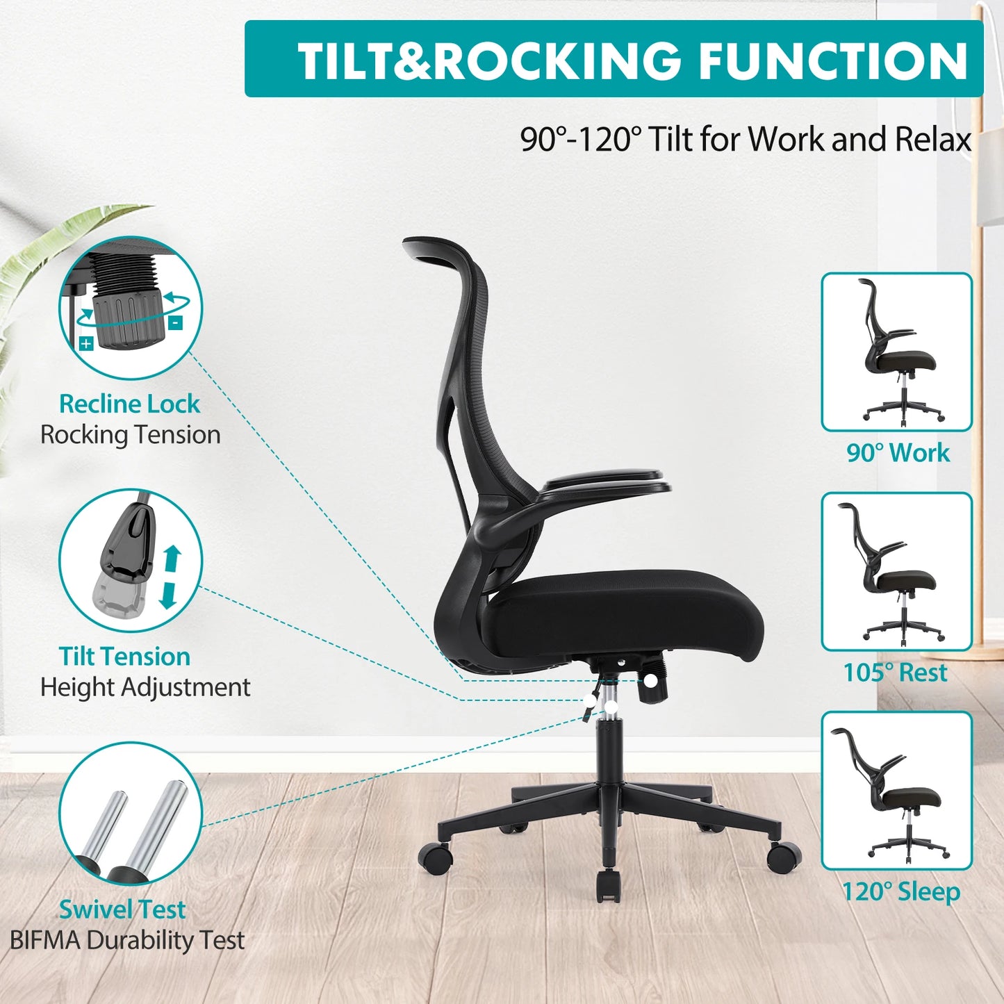 JHK Mesh Lumbar Support Ergonomic Office Chair With Armrests