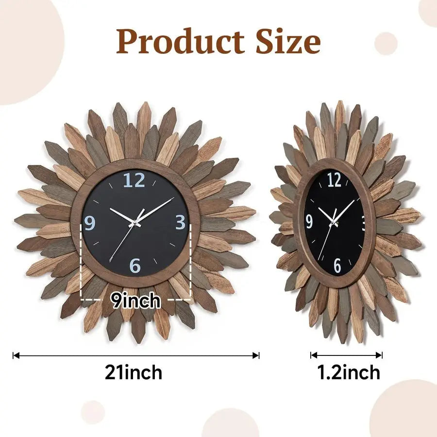 Rustic Wood Boho Sunburst Wall Clock Quiet Quartz Movement
