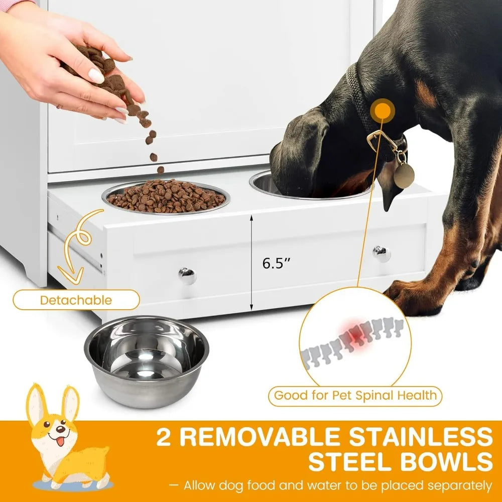Pet Feeder Station With Double Pull Out Bowls And Dog Food Storage Cabinet