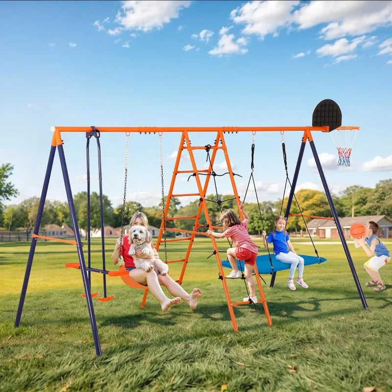 YTYIN Metal Swing Set With Climbing Ladder And Basketball Hoop