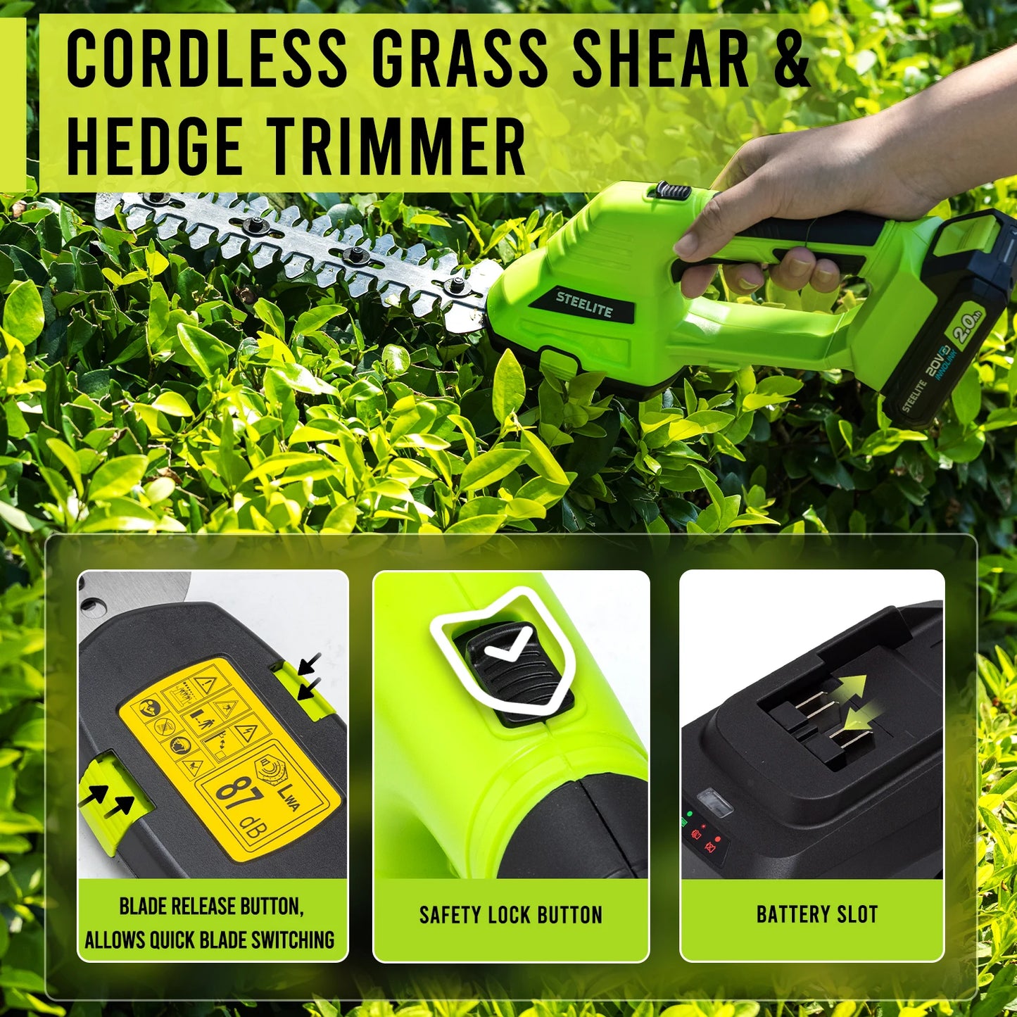 Deli Cordless Hedge Trimmer 21V Brushless With 2x 2.0Ah Batteries