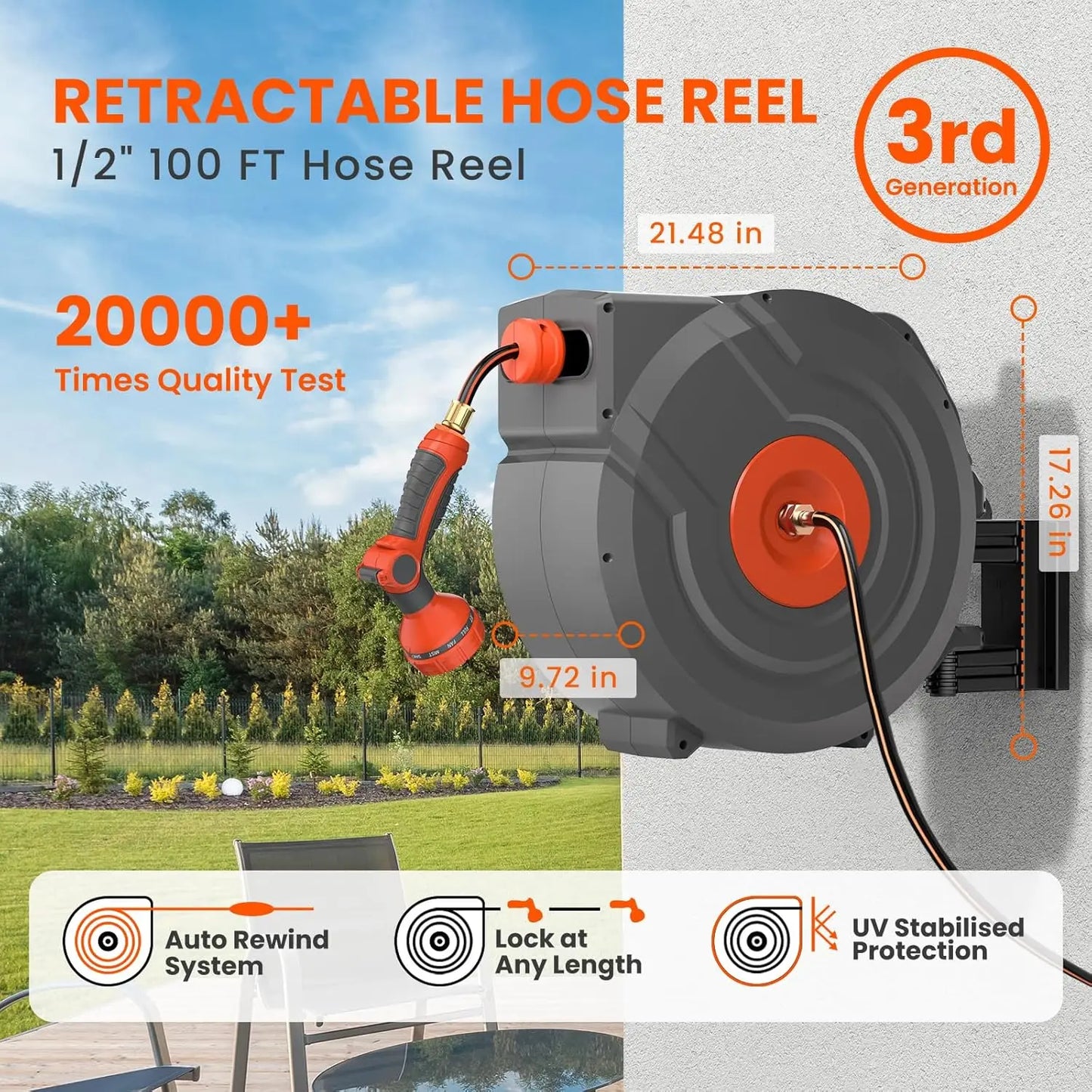Retractable Garden Hose Reel With Auto Retraction And 180 Swivel