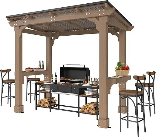 Wooden Grill Gazebo With Sloping Metal Roof Hard Top And Side Shelves