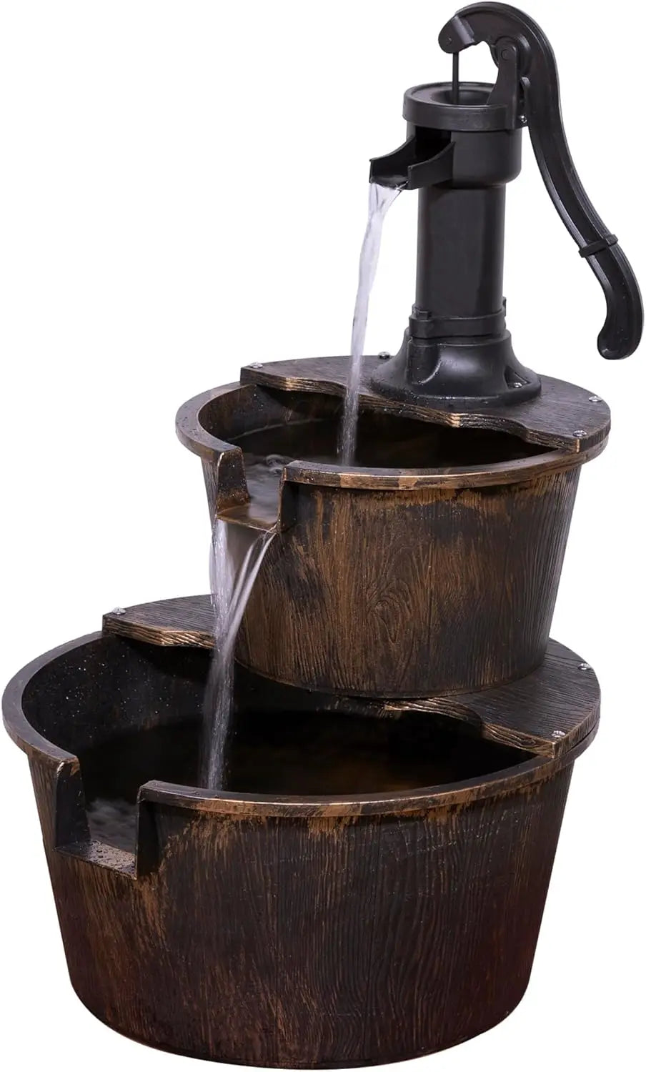 Rustic Outdoor Barrel Pump Water Fountain With Cascading Flow