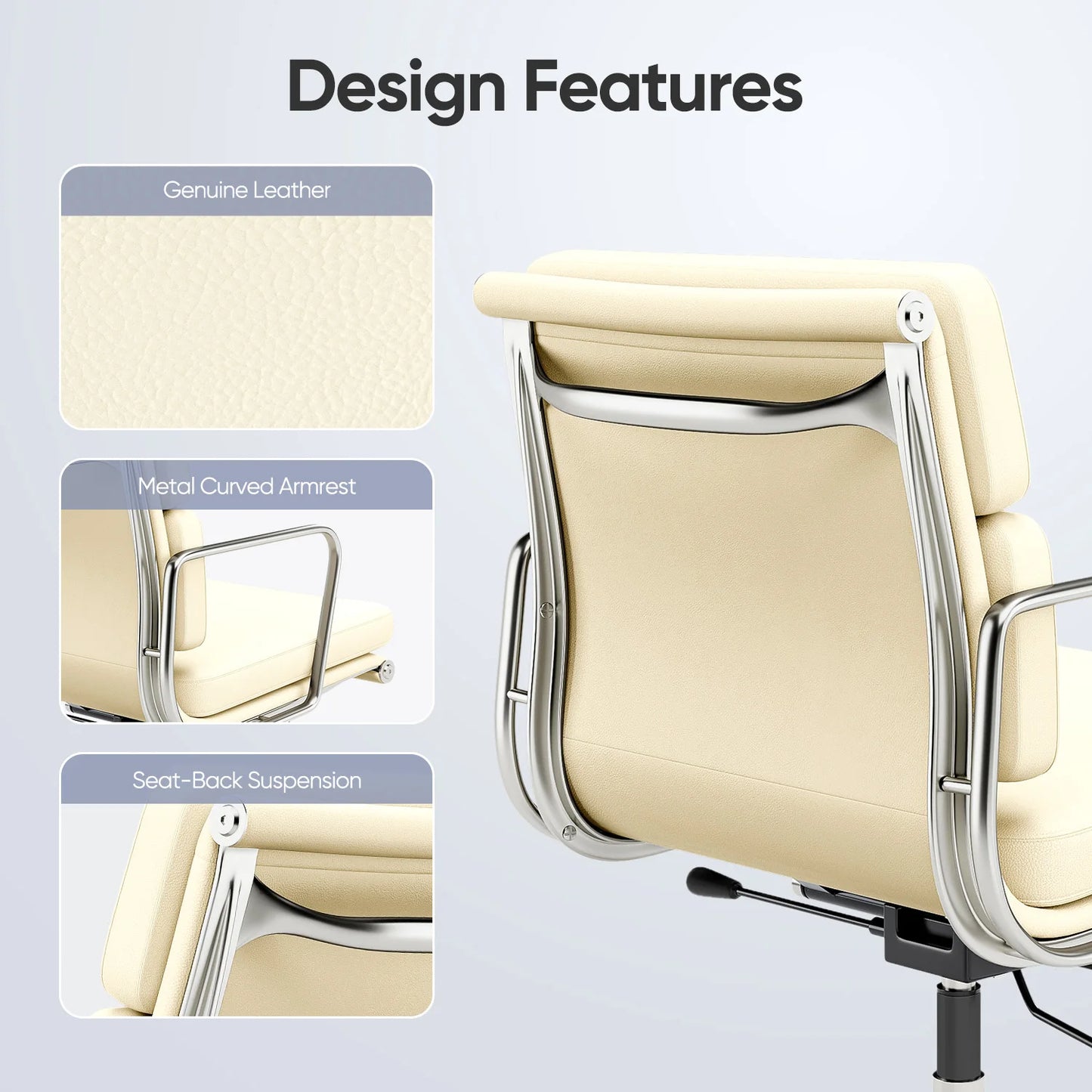 Furgle Mid Back Genuine Leather Ergonomic Office Chair With Lumbar Support