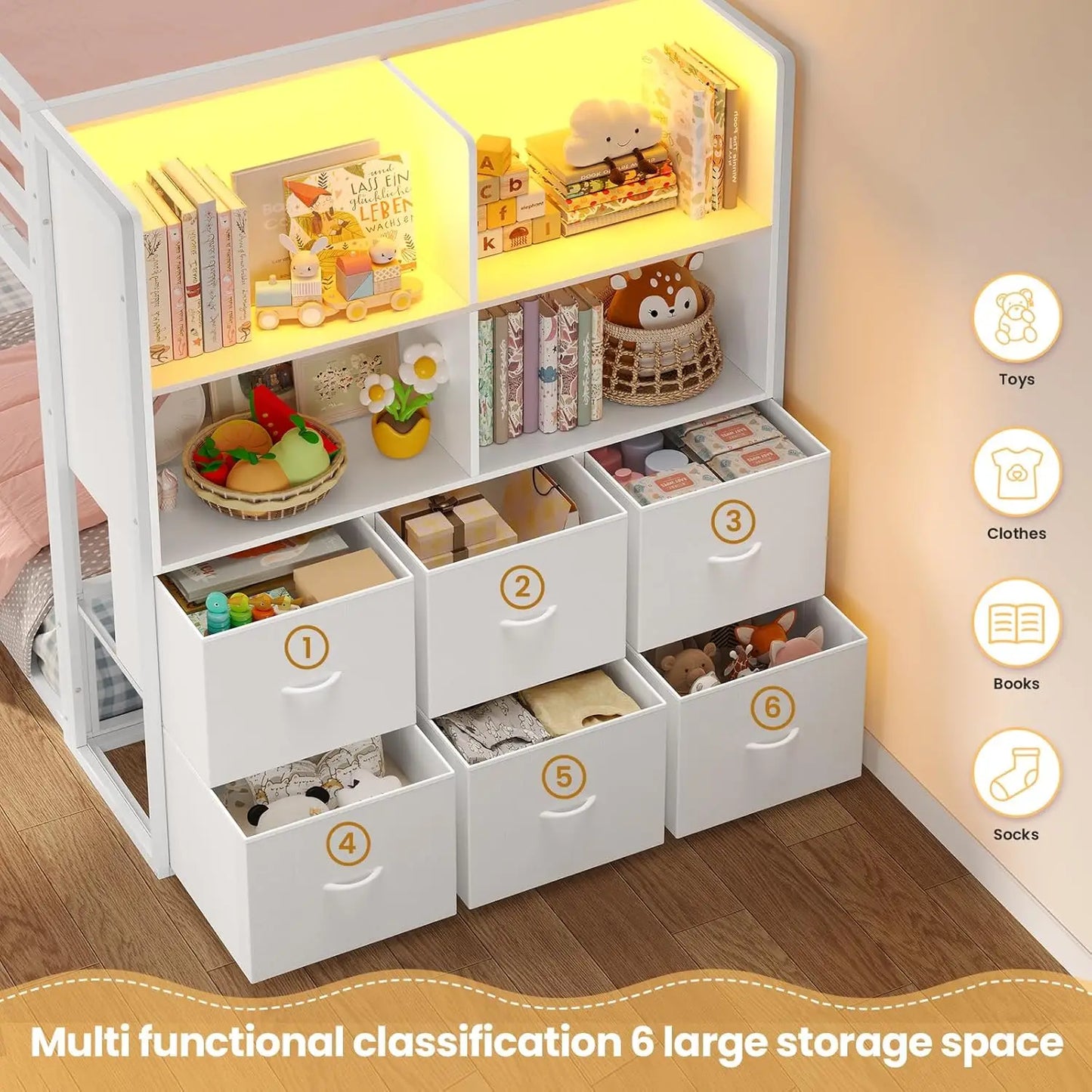 Twin Over Twin Bunk Bed With Fabric Drawers And Wooden Storage Shelves