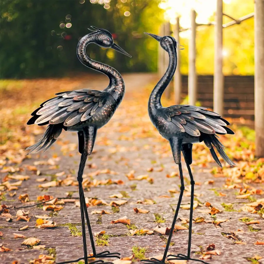 Metal Crane Garden Statue Handcrafted Yard Art For Patio And Lawn