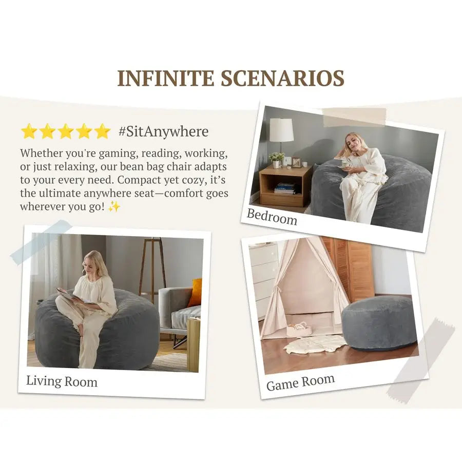 Lux Velvet Bean Bag Chair With Removable Cover Memory Foam