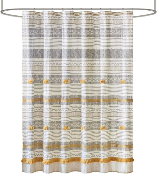 Boho Chic Cotton Shower Curtain With Tassel Trim For Bath