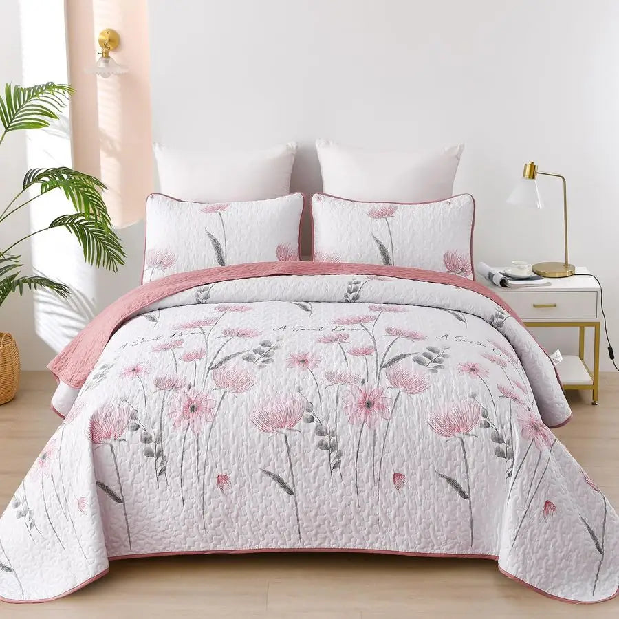 Floral Quilt Set 3 Piece Wool Filled Lightweight Farmhouse Bedding